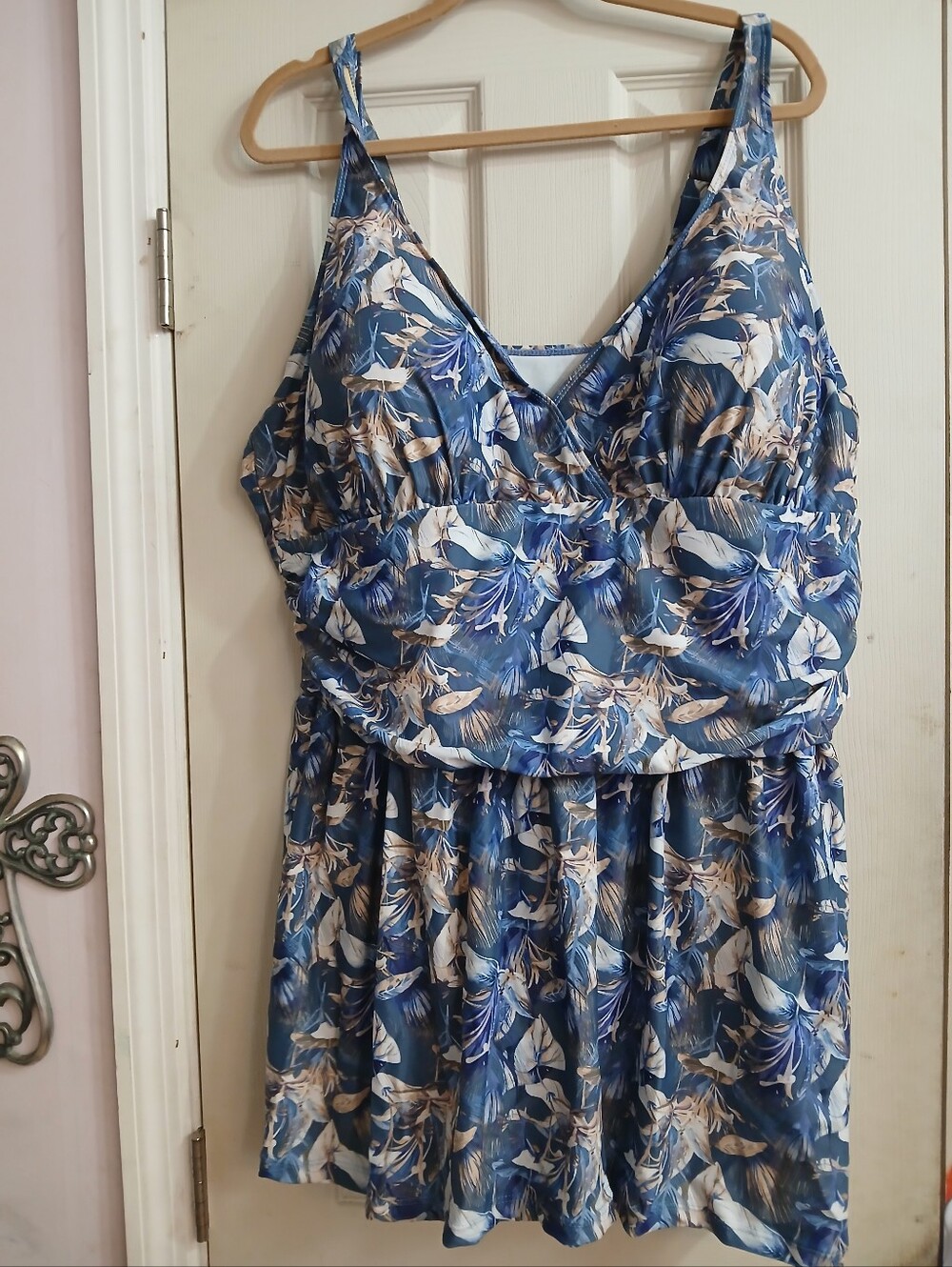 Perona Women's Floral Tiered Swimdress One Piece Swimsuit Blue Plus Size 28W